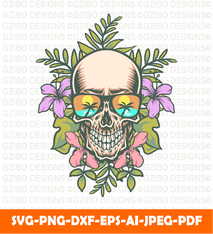 Skull exotic tropical flowers hand drawn line with digital color