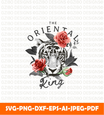 Oriental king slogan with b w tiger face red roses illustration svg