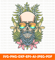 Skull exotic tropical flowers hand drawn line with digital color illustration