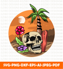 Summer skull with sunset background hand drawing illustration savage svg