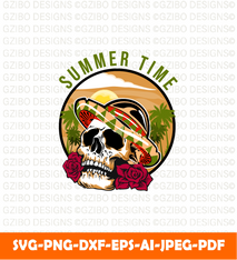 Summer time illustration t shirt design with skull beach