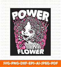Tshirt design power flower with flower haired girl with gray background vintage illustration