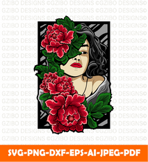Vector illustration woman with red flower_2 typography
