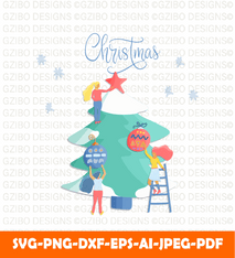 Small Girl Characters decorate christmas tree flat style vector svg, Cricut cut files, Instant download - GZIBO