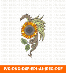 Dragon with sunflower flower black background heroic emblem vector illustration