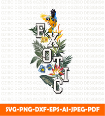 Exotic slogan with macaw bird tropical flowers