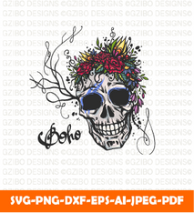 Human boho skull with flower wreath roses wild flowers bohemian chic old school tattoo design SVG,  Savage love Svg,Flower Svg,  Sunflower Svg, Rose SVG,  Floral Svg, Wildflower Svg, Cut File for Cricut, Silhouette, Digital Download