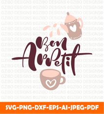 Bon appetit calligraphy lettering vector text logo with illustration teapot cup food blog kitchen illustration svg - GZIBO