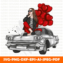 beautiful-girl-stylish-clothes-vintage-car-fashion-style-clothing-accessories (1) t-shirt-design valentines-day car,balloon,love art  girl-stylish-clothes-svg