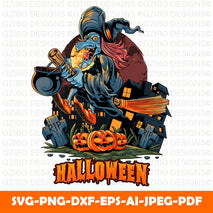 Halloween witch flies with a broom over the pile of halloween pumpkins and carries a pot Happy Halloween Witch on Broom SVG PNG Card Paper Cut Template Halloween  full of poison - GZIBO