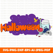 Seamless border for halloween with candies pumpkins bones an eyeball and a witchs cauldron - GZIBO