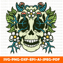 The death skull with the flowers and gold decoration Sugar Skull Art Skeleton Bones Purple and Green Flowers Green Red Purple Pink Floral Graphic Illustration Vector SVG PNG JPG Cutting Files - GZIBO