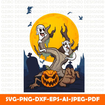 Halloween night scene with ghosts and pumpkin Stay Spooky Retro Vintage Print File, Boos Ghost Fall Autumn Pumpkin Flowers PNG, Spooky Season Halloween Party Sublimation Download - GZIBO