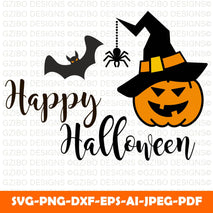 Happy halloween text banner vector illustration of sdecorated lettering with traditional elements - GZIBO