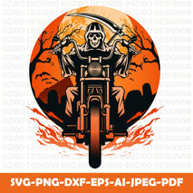 Motorcycle artwork with grim reaper Grim Reaper Skeleton Biker Killer Skull Sickle Blade Fire Flame Evil Kill Scary Ghost Tattoo Hell Art Design Logo SVG PNG Vector Clipart Cut - GZIBO