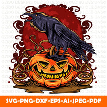 Halloween crow on halloween pumpkin on full moon background  Crow SVG DXF PNG Vector Clipart Design Cricut Silhouette Cut File For Cutting Machine - GZIBO
